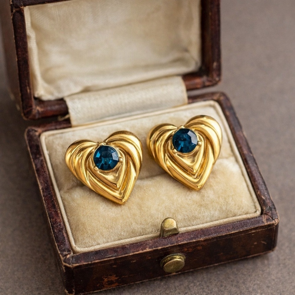 Vintage Krementz Heart Earrings Gold Tone Blue Rhinestone Studs Art Deco Style